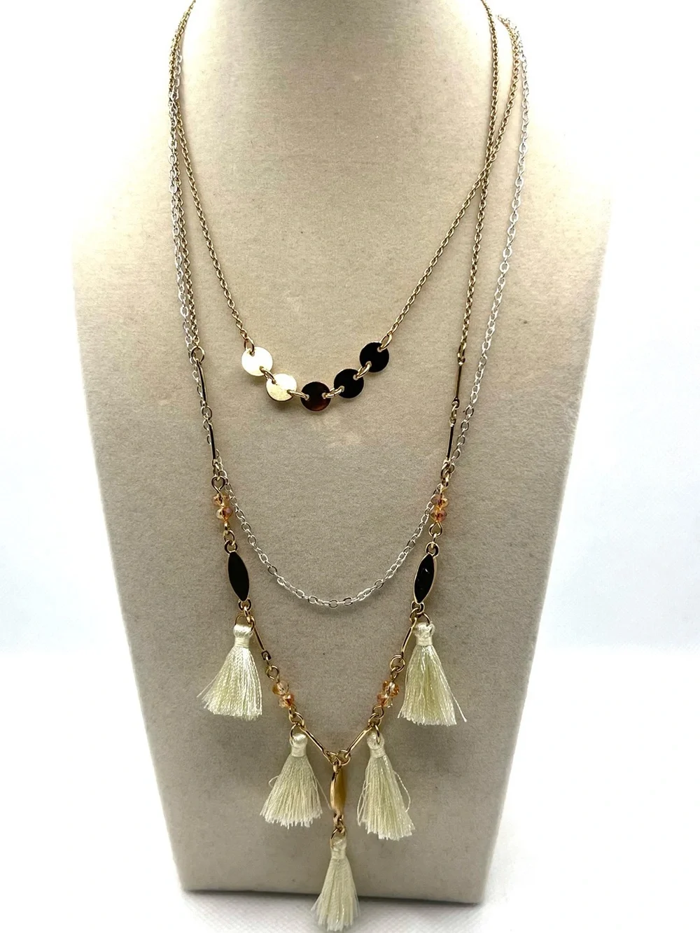 Layered Gold-Tone Necklace with Cream Tassels - Women Jewelry